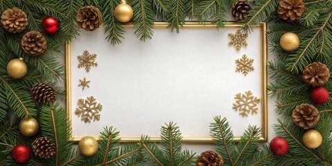 Festive Christmas scene featuring gold frame and sparkling ornaments. It evokes the warmth and joy of the holidays with evergreens and pine cones. 198 chars
