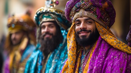 Fototapeta premium Three men in vibrant, ornate costumes and turbans, showcasing cultural richness. Festive attire with sparkling details evokes a Holiday Background. Ideal for diverse themes.