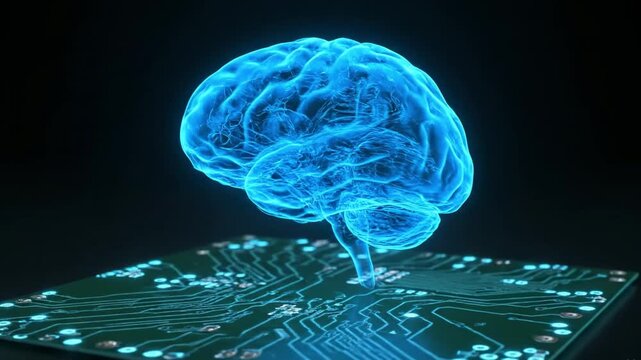 A glowing blue brain floats above a green circuit board on a dark background