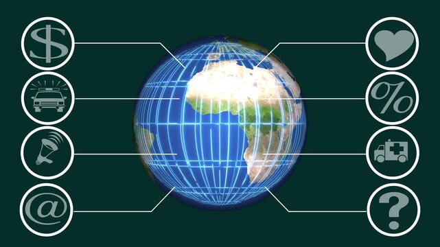 Digital twin industrial technology ,new business concept ,tee icon attached around the map features the concept of network and technology confirmed. the map is rotating ,specify all icons