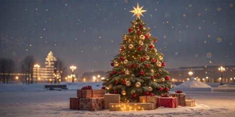 Festive Christmas tree adorned with ornaments and gifts under a starry sky. Snow falls gently, creating a magical winter scene in a brightly lit square.