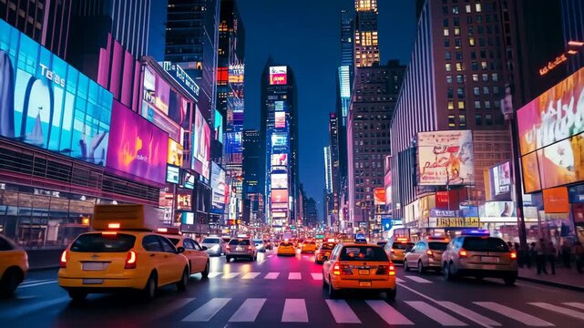 Spectacular Time Square at Night with Bright Billboards and Taxi Cabs in Motion