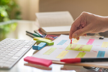 Marketing manager is pinning notes on a whiteboard, developing a marketing strategy in the office,...