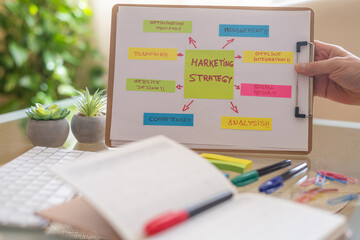 Marketing manager presenting a chart on a clipboard, emphasizing components of marketing strategy...