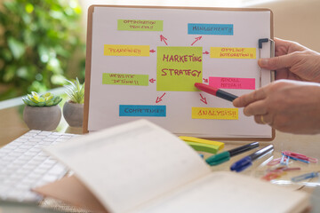 Marketing manager analyzing strategy with sticky notes and a red marker, concentrating on social...
