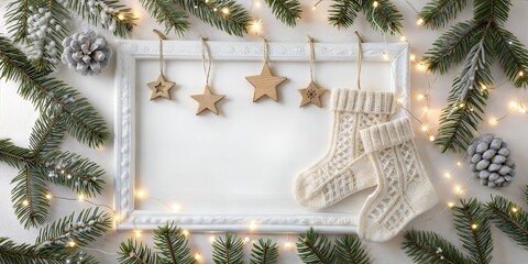 Festive winter scene features a white frame adorned with knitted socks, wooden star ornaments, and twinkling lights, set against a backdrop of green pine branches.