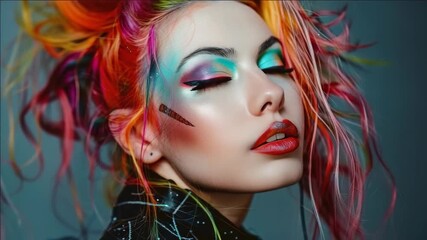 Vibrant, multicolored hair; creative makeup with bold lipstick; striking look for artistic expression.