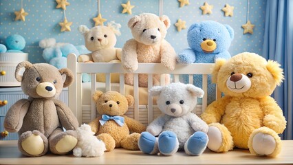 A collection of cute and fluffy teddy bear toys in various colors, sitting together in a nursery room with a crib, representing childhood and comfort