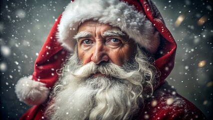 Closeup portrait of santa claus with a white beard and red hat, looking out with a kind expression as snow falls around him, embodying the spirit of christmas