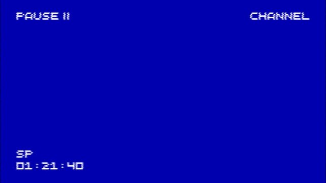 VCR Pause button interface overlay. VHS defects, artefact and noise. Glitches of old damaged tape cassettes. Static TV noise. Overlay Screen mode footage. Blue Screen Background. 4K Video Animation