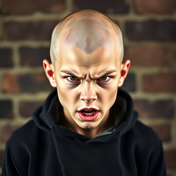 Aggressive bald teen, skinhead