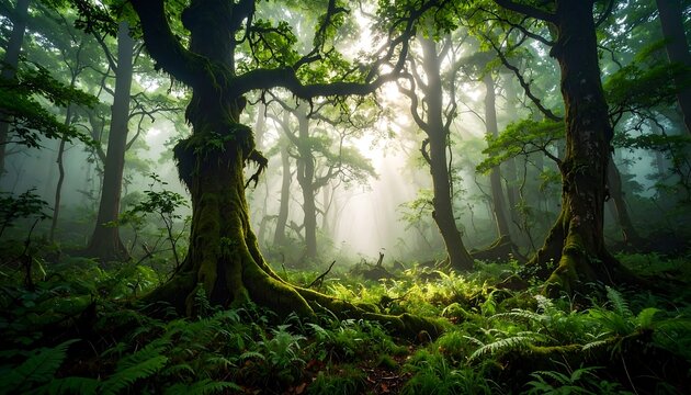 Misty Forest with Sunbeams, and Lush Green.