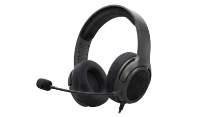 Black textured gaming headset floats against a dark backdrop. Ideal for product showcase, tech branding, posters.