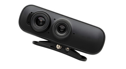 Black, sleek webcam features a dual-lens design on a black background. Use for product photography, website imagery, or branding.