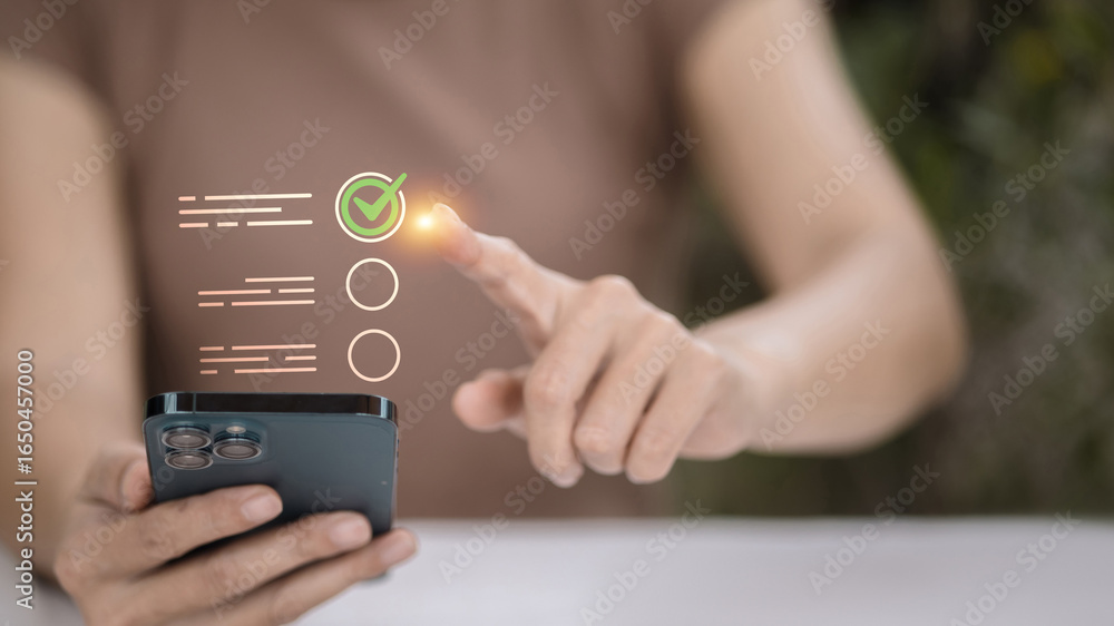 Poster checklist decision making on mobile phone with finger tapping icon