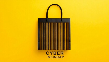 Black shopping bag with barcode pattern on bright yellow background image