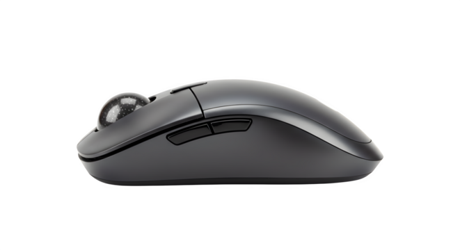 Gray trackball mouse rests against black, providing product photography and e-commerce visuals. - Powered by Adobe