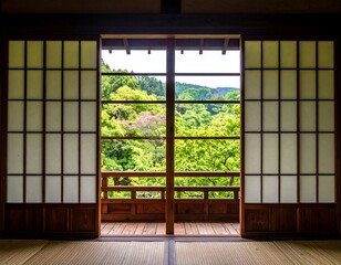 Tranquil view of lush greenery framed by traditional Japanese sliding doors and a wooden balcony