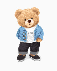 adorable bear doll in casual style fashion vector illustration - drawn by hand 