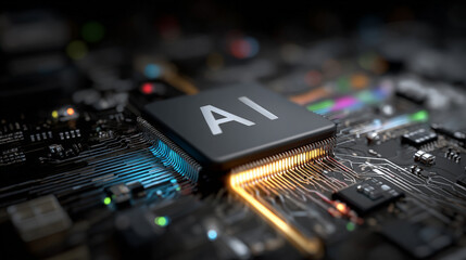 AI Word on Microchip with Colorful Light Beam - Futuristic Technology Concept. Generative AI