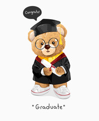little bear in graduation gown graphic vector illustration - drawn by hand