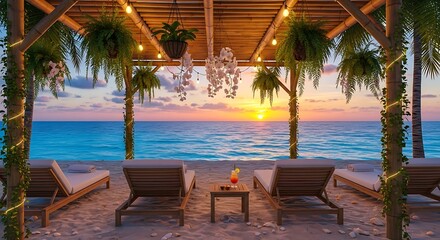 Tropical beach paradise with sunset views, beach chairs, and refreshing cocktail scene