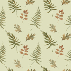 Autumn leaves seamless pattern hand drawn with watercolor and isolated on background.Fern, oak leaf, branches. Template for fall design of textile, fabric, labels, wrapping paper.