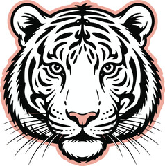 stylized tiger head vector illustration black and white linework with pink outline bold animal portrait design vectorart