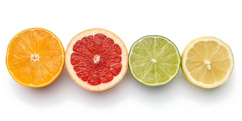Top View of Four Sliced Citrus Fruits - Orange, Grapefruit, Lime, and Lemon - on a White Background