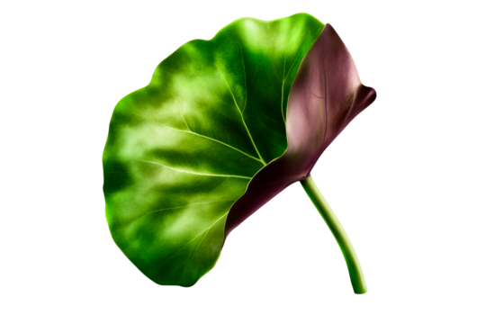 Large green leaf with maroon underside and stem