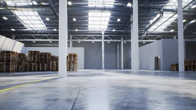 Spacious Modern Warehouse Interior with Wooden Pallets