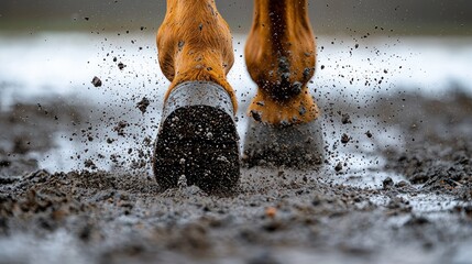 Muddy Gallop: A Close-Up of a Horse's Hooves Splashing Through the Ground