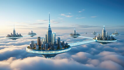 Floating Cities Connected by Skyways in a Futuristic Landscape