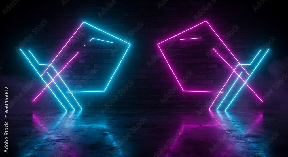Poster abstract neon geometric shapes with reflections on wet floor creating a futuristic vibe