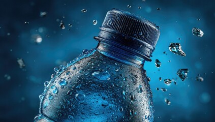 Close-up of a dark blue plastic water bottle with water droplets, dynamic splashes