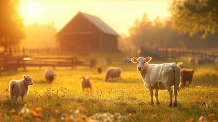 A harmonious farm setting showcasing peaceful coexistence between animals