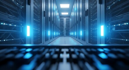 Futuristic data center server room with glowing blue neon lights on storage racks for cloud computing technology.