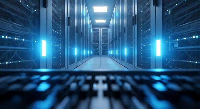 Futuristic data center server room with glowing blue neon lights on storage racks for cloud computing technology.