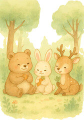Cute Watercolor Woodland Animals Illustration – Bear, Rabbit, Deer, Fox, Squirrel, Owl, Hedgehog – Storybook Style, Nursery Art, Transparent