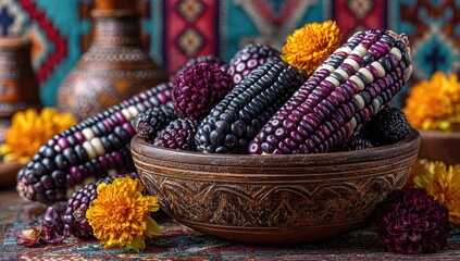 Colorful heirloom corn in a rustic bowl, surrounded by vibrant flowers and textiles