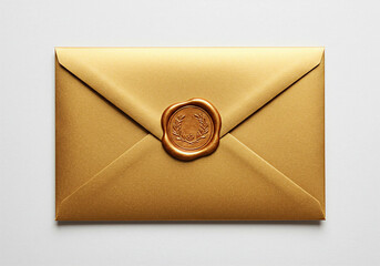 Luxurious golden envelope sealed with a decorative wax stamp, symbolizing elegance, exclusivity, tradition, and special formal communication.