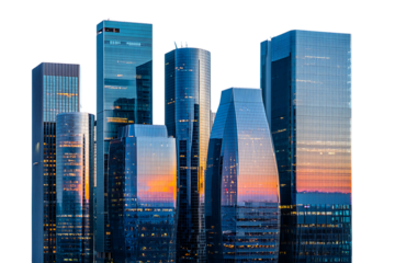 Modern Glass Skyscrapers at Sunset:  Urban Cityscape, Business District, Evening Light, Architectural Design,  Reflective Facades.