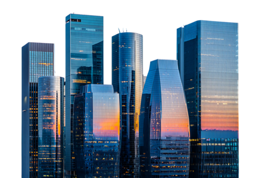 Modern Glass Skyscrapers at Sunset:  Urban Cityscape, Business District, Evening Light, Architectural Design,  Reflective Facades.