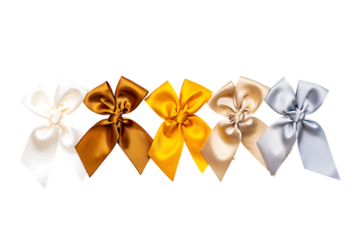 Elegant Satin Ribbon Bows:  Five Pastel and Gold Gift Bows Isolated on Black Background.