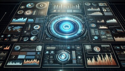 Futuristic User Interface with Holographic Display and Data Visualization for Science Fiction and Technology Concepts Featuring Intricate Charts Graphs and Digital Information on a Black Background