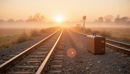 Vintage suitcase on railway tracks at sunrise in misty landscape