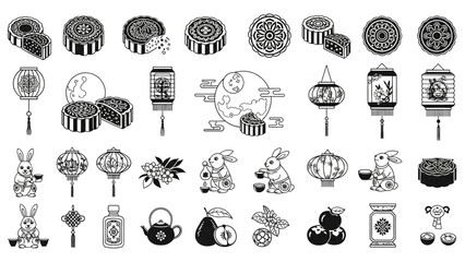 Autumn Festival Icon Set Mooncakes Lanterns Full Moon Jade Rabbit Vector Illustration
