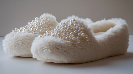 A pair of white fluffy slippers decorated with pearls on a white surface