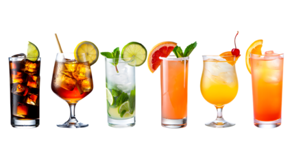 Refreshing Summer Cocktails: Six Vibrant Mixed Drinks with Ice and Fruit Garnishes, Studio Shot