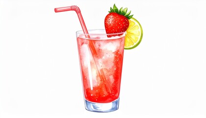 Illustration of a drink with a piece of fruit in it. Cocktail for a sunny summer day
